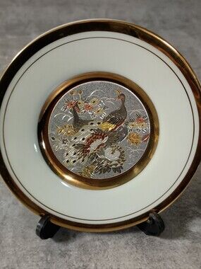 White and Gold Porcelain Accent Plate with Peacock Medallion